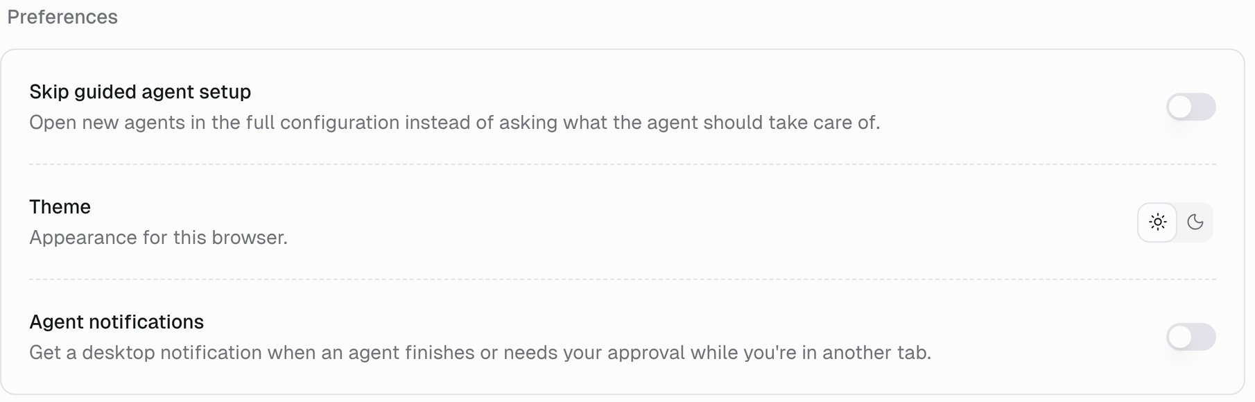 Preferences with Skip guided agent setup, Theme, and Agent notifications