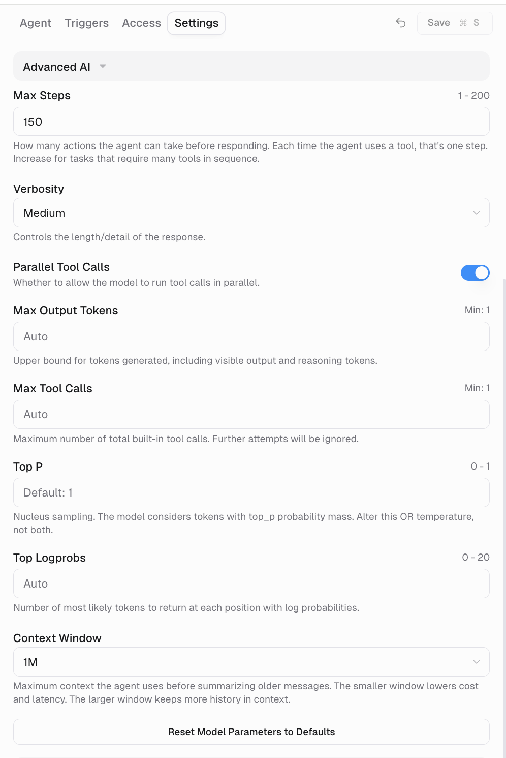 Advanced AI section of an agent's Settings tab, showing Max Steps, Verbosity, Parallel Tool Calls, Max Output Tokens, Max Tool Calls, Top P, Top Logprobs, and Context Window