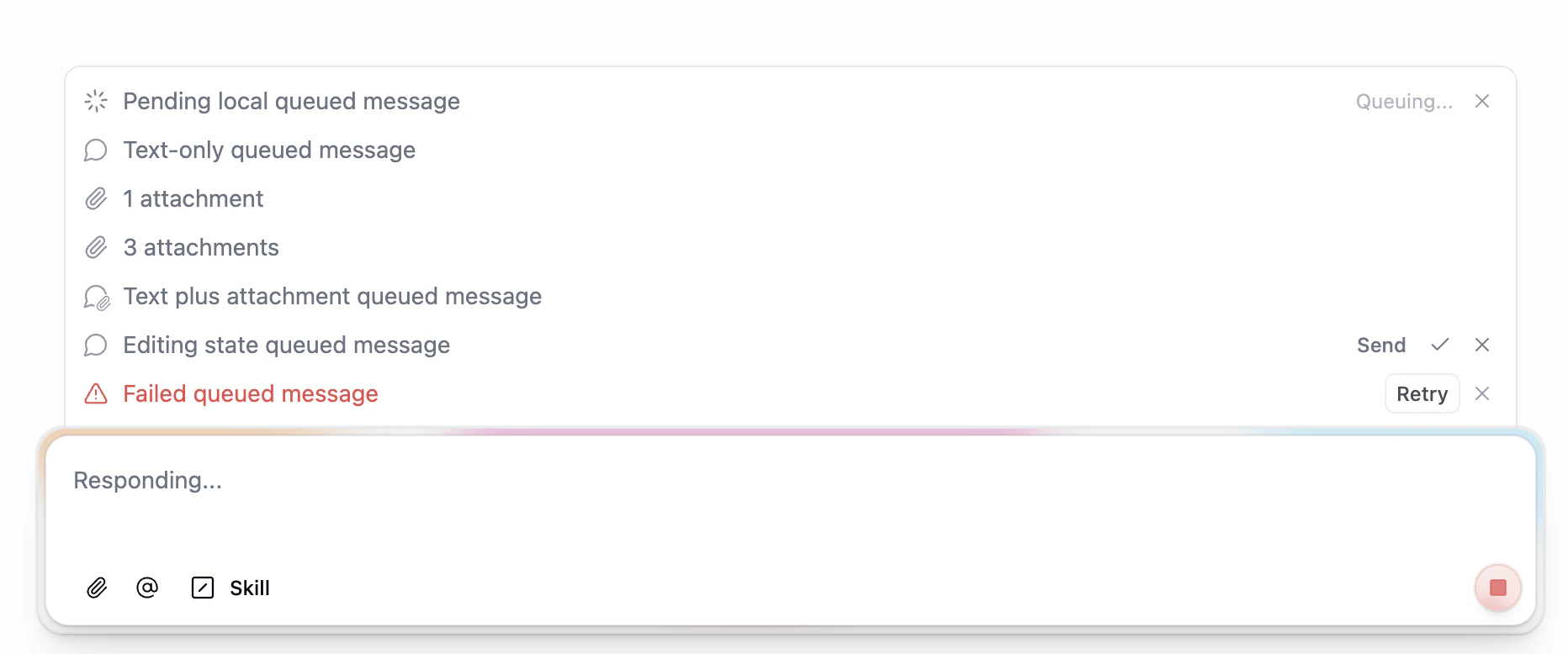 Message queue showing multiple queued messages with different states: pending, text-only, attachments, editing, and failed