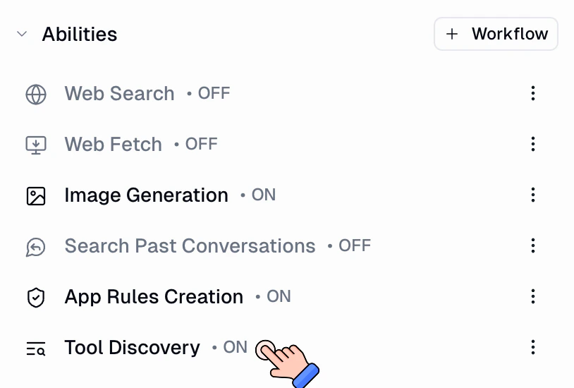 Tool Discovery toggle shown in the Abilities section of agent configuration, listed alongside Web Search, Web Fetch, Image Generation, Search Past Conversations, and App Rules Creation