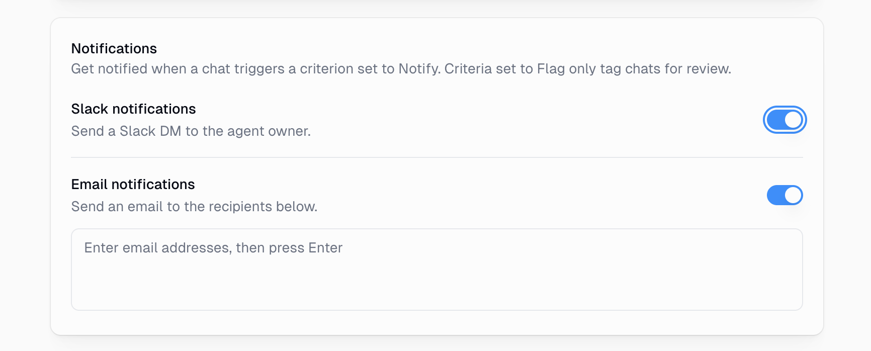 Notifications section with Slack notifications and Email notifications toggles and a recipient input