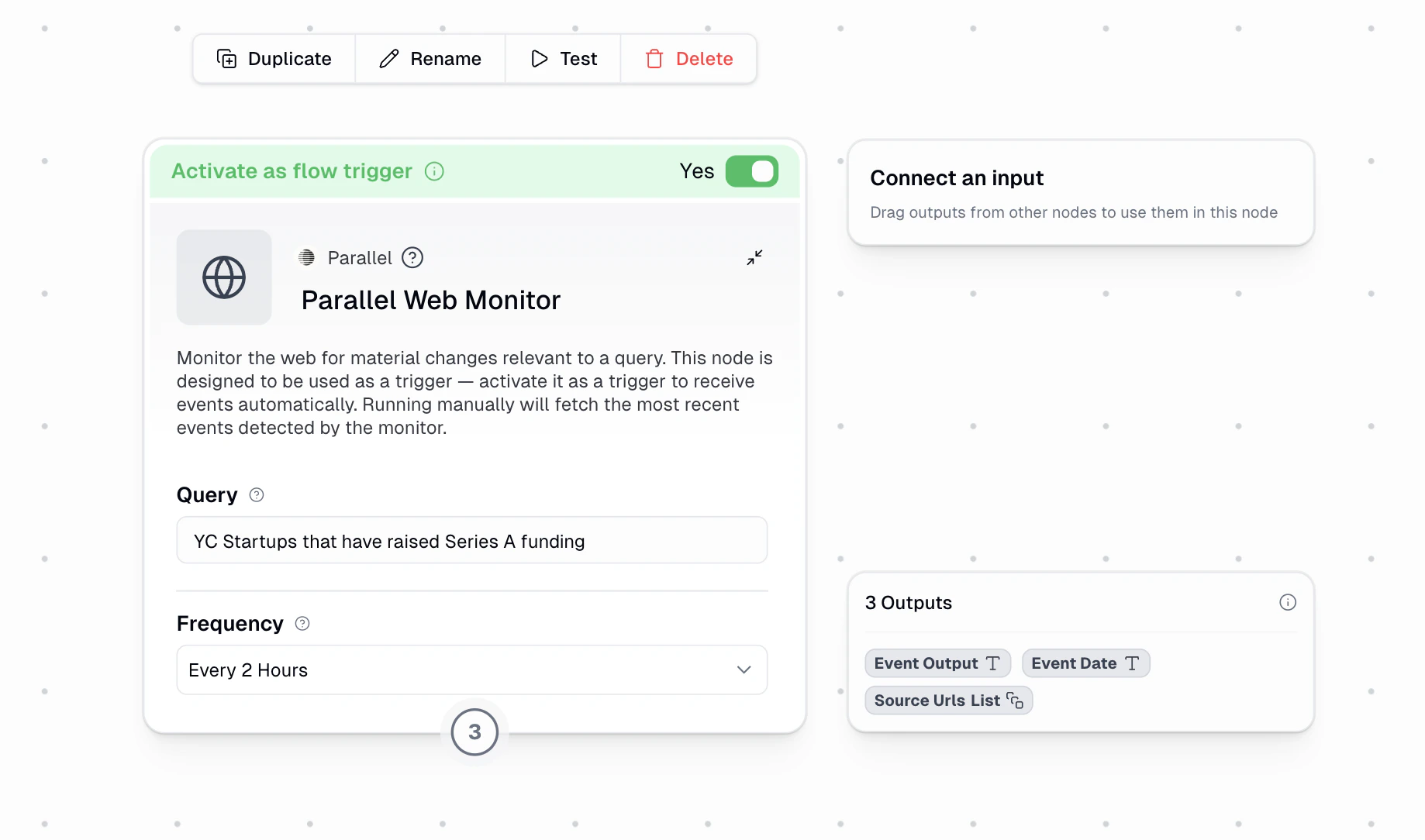 Parallel Web Monitor trigger configuration showing Query and Frequency fields with 3 outputs: Event Output, Event Date, and Source URLs