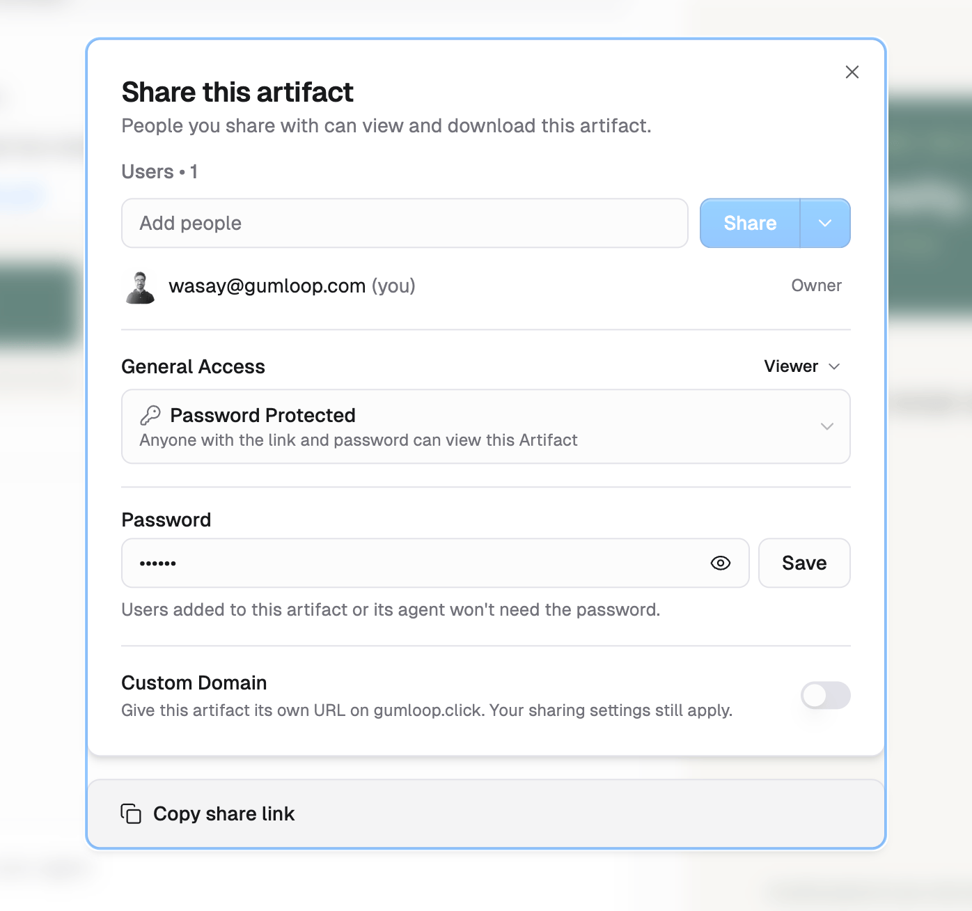 Artifact share dialog with General Access set to Password Protected, showing the Password field and the note that users added to this artifact or its agent won't need the password