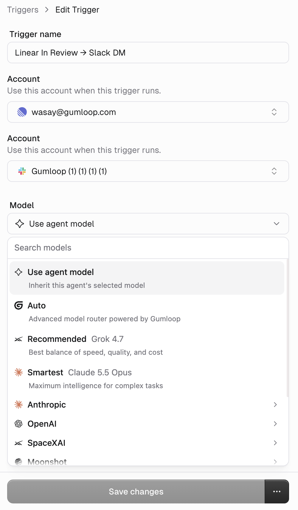 Trigger editor showing the Model field open with Use agent model selected, plus Auto, Recommended, Smartest, and per-provider options
