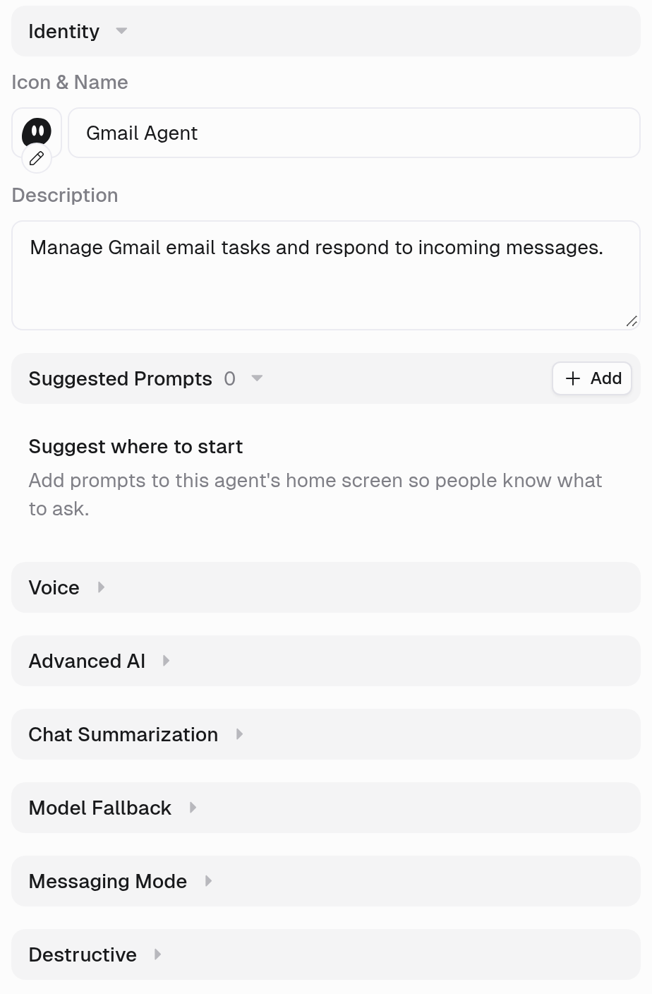 Settings tab showing Identity, Suggested Prompts, Voice, Advanced AI, Chat Summarization, Model Fallback, Messaging Mode, and Destructive