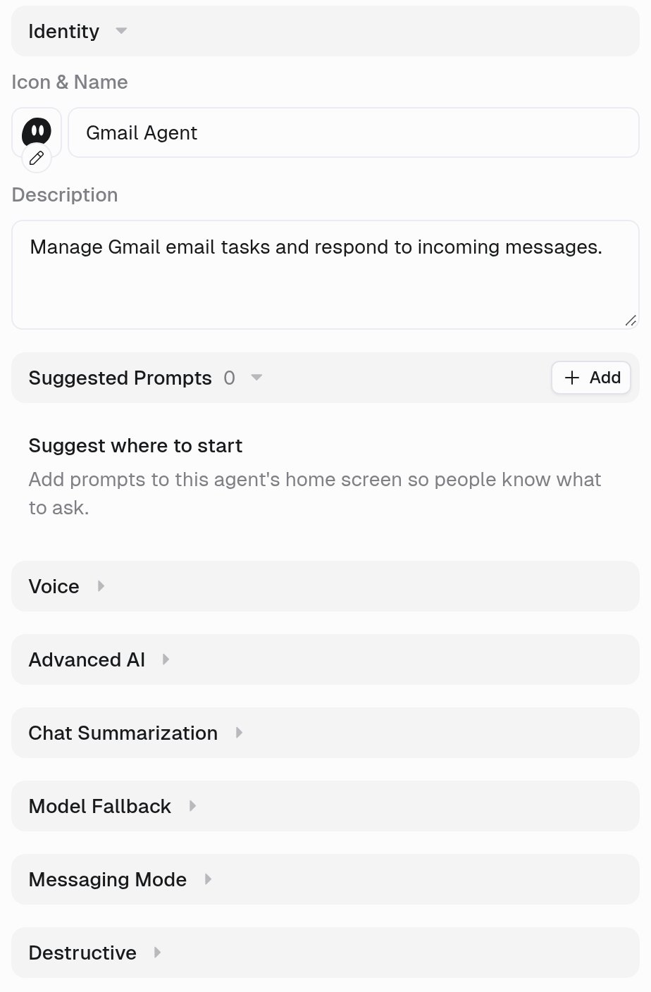 Settings tab showing Identity, Suggested Prompts, Voice, Advanced AI, Chat Summarization, Model Fallback, Messaging Mode, and Destructive