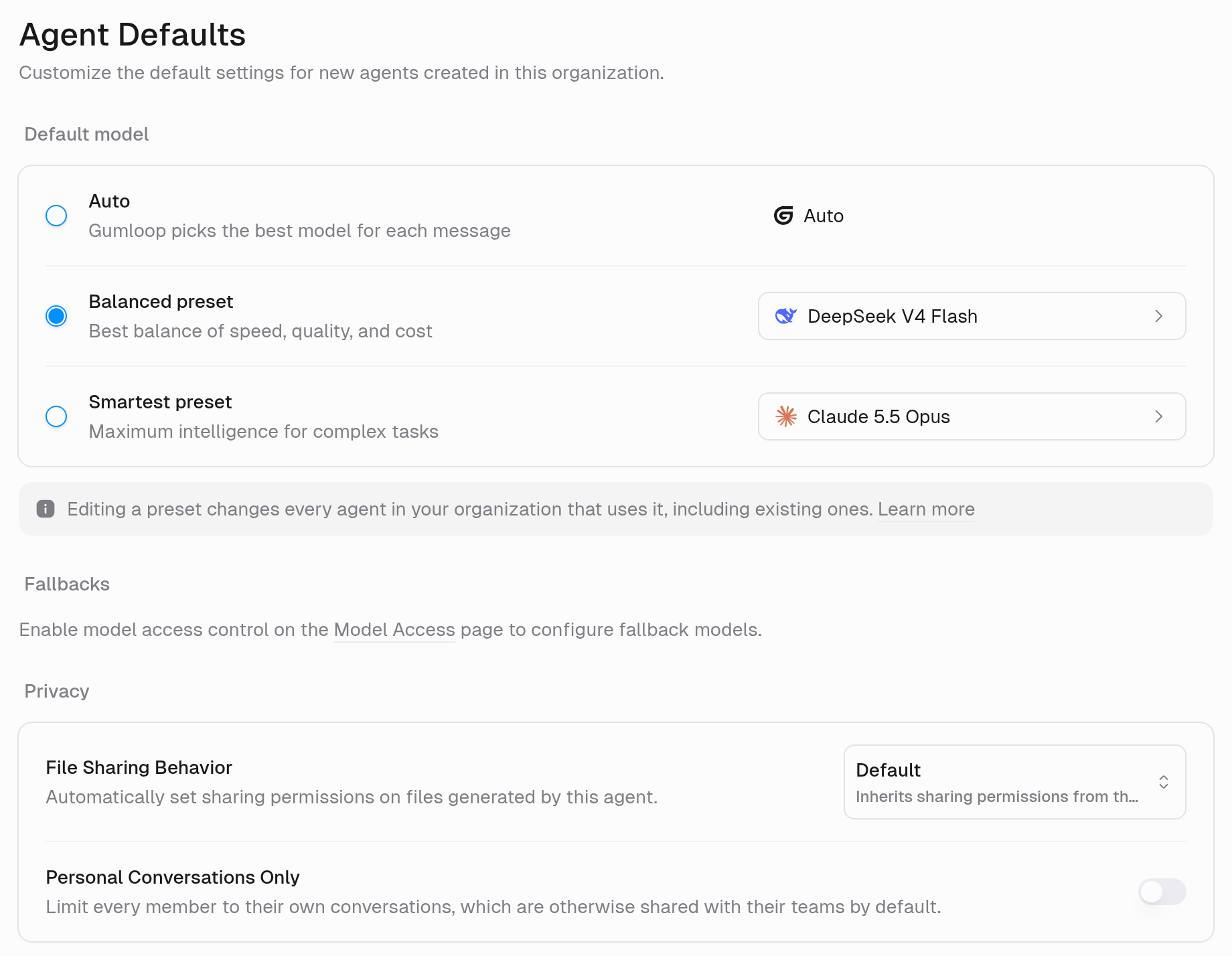Agent Defaults page with Default model (Auto, Balanced preset, Smartest preset), a note that editing a preset changes every agent that uses it, Fallbacks, and Privacy with File Sharing Behavior and Personal Conversations Only