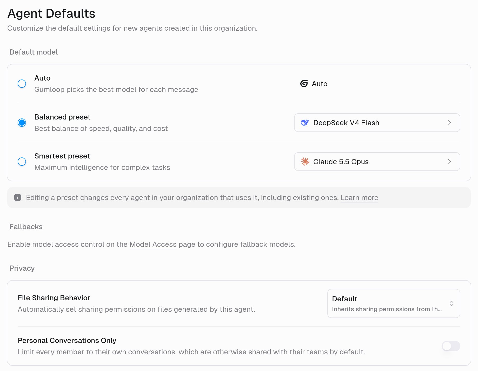 Agent Defaults page with Default model (Auto, Balanced preset, Smartest preset), a note that editing a preset changes every agent that uses it, Fallbacks, and Privacy with File Sharing Behavior and Personal Conversations Only