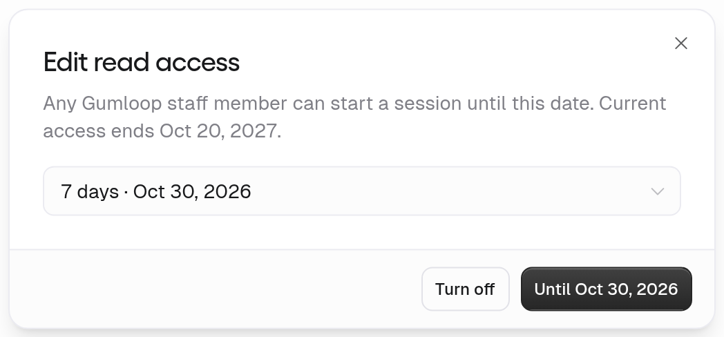 Edit read access dialog: Any Gumloop staff member can start a session until this date, a 7 days duration picker, and Turn off and Until buttons