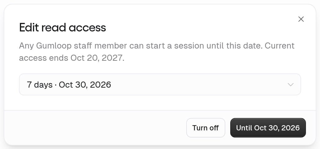 Edit read access dialog: Any Gumloop staff member can start a session until this date, a 7 days duration picker, and Turn off and Until buttons