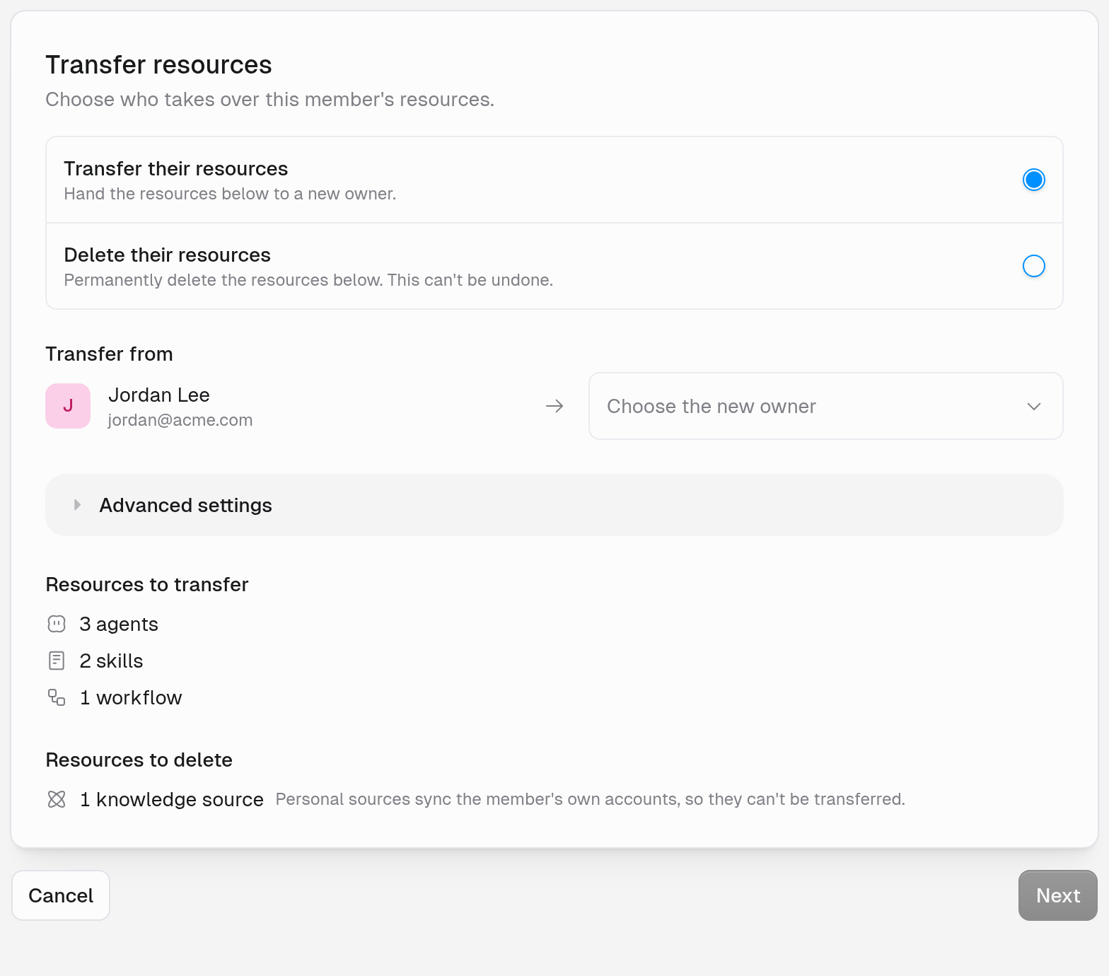 Transfer resources page with Transfer their resources selected, Transfer from a removed member to Choose the new owner, Advanced settings, Resources to transfer, and Resources to delete