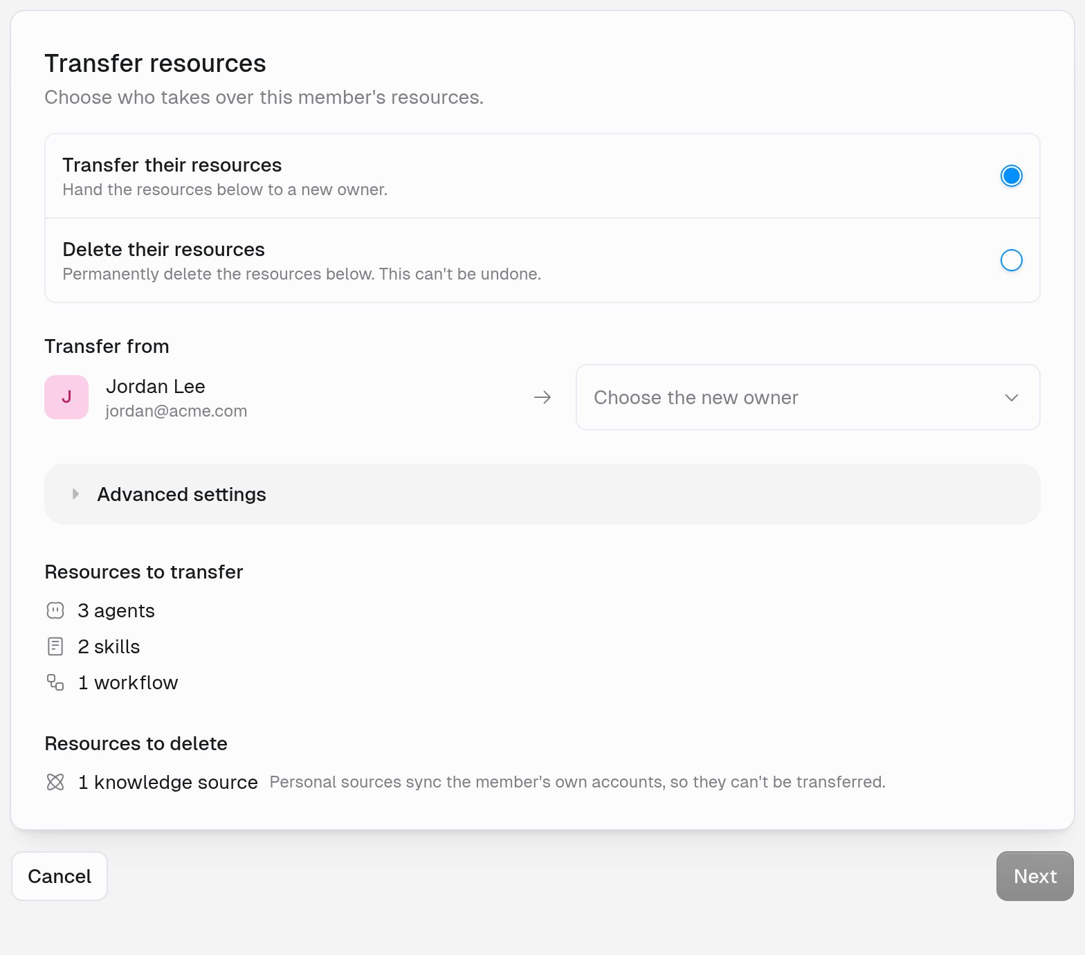 Transfer resources page with Transfer their resources selected, Transfer from a removed member to Choose the new owner, Advanced settings, Resources to transfer, and Resources to delete