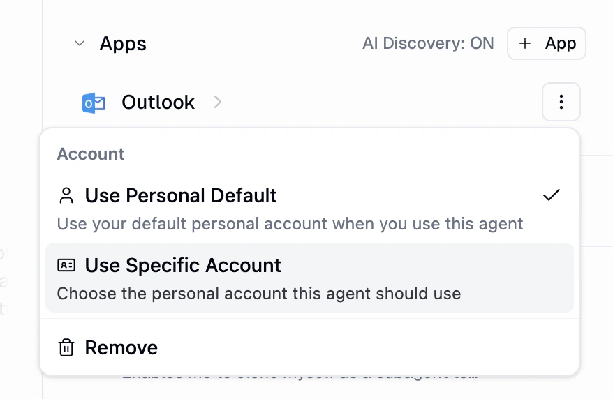 Personal agent credential menu showing Use Personal Default and Use Specific Account options