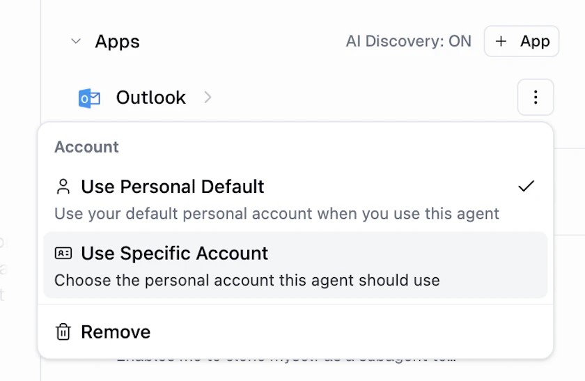 agent-credential-three-dot-menu.png Three-dot credential menu on an agent's integration card showing Use Personal Default and Use Specific Account options