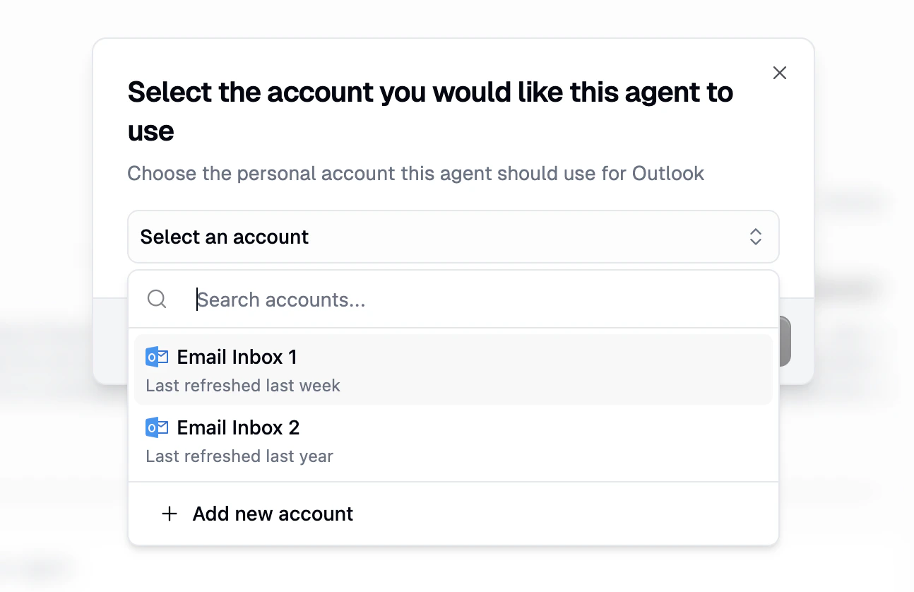 Account selection dialog showing connected personal accounts with last refresh time
