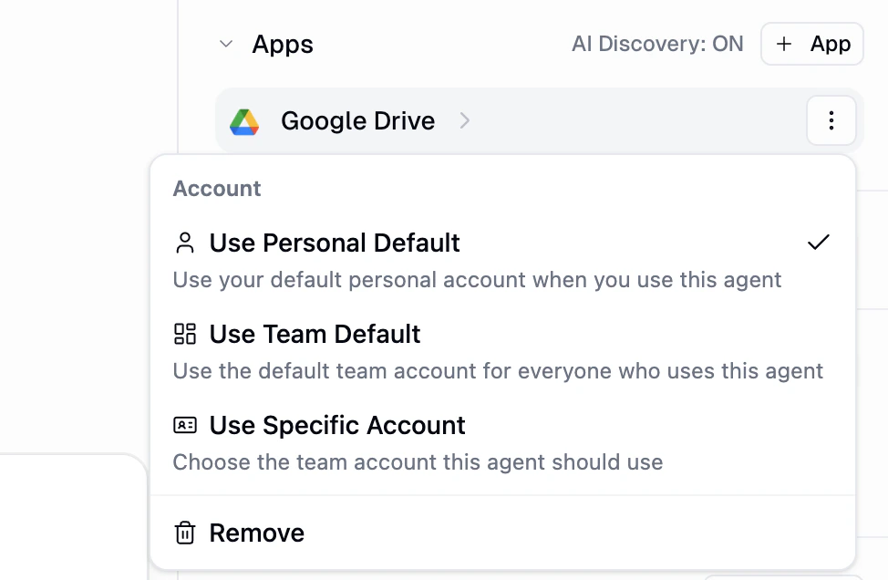 Team agent credential menu showing Use Personal Default, Use Team Default, and Use Specific Account options