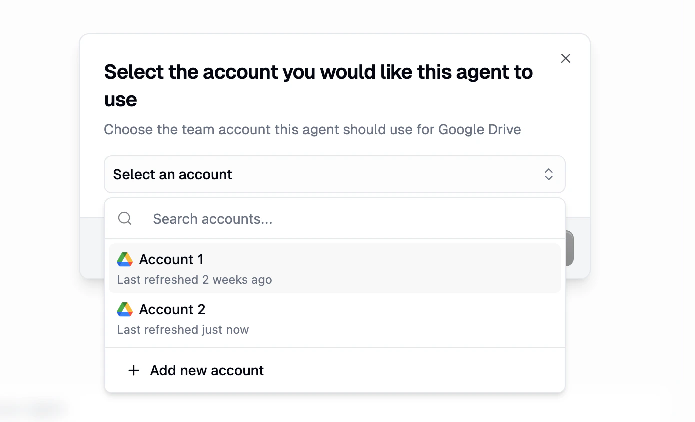 Account selection dialog showing connected team accounts