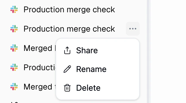 Chat context menu showing Share, Rename, and Delete options