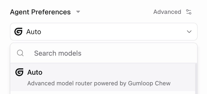Model dropdown with Auto selected, described as an advanced model router powered by Gumloop Chew