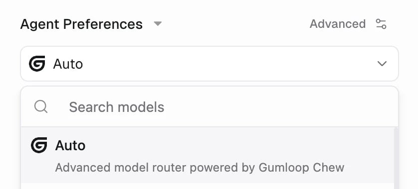 Model dropdown with Auto selected, described as an advanced model router powered by Gumloop Chew