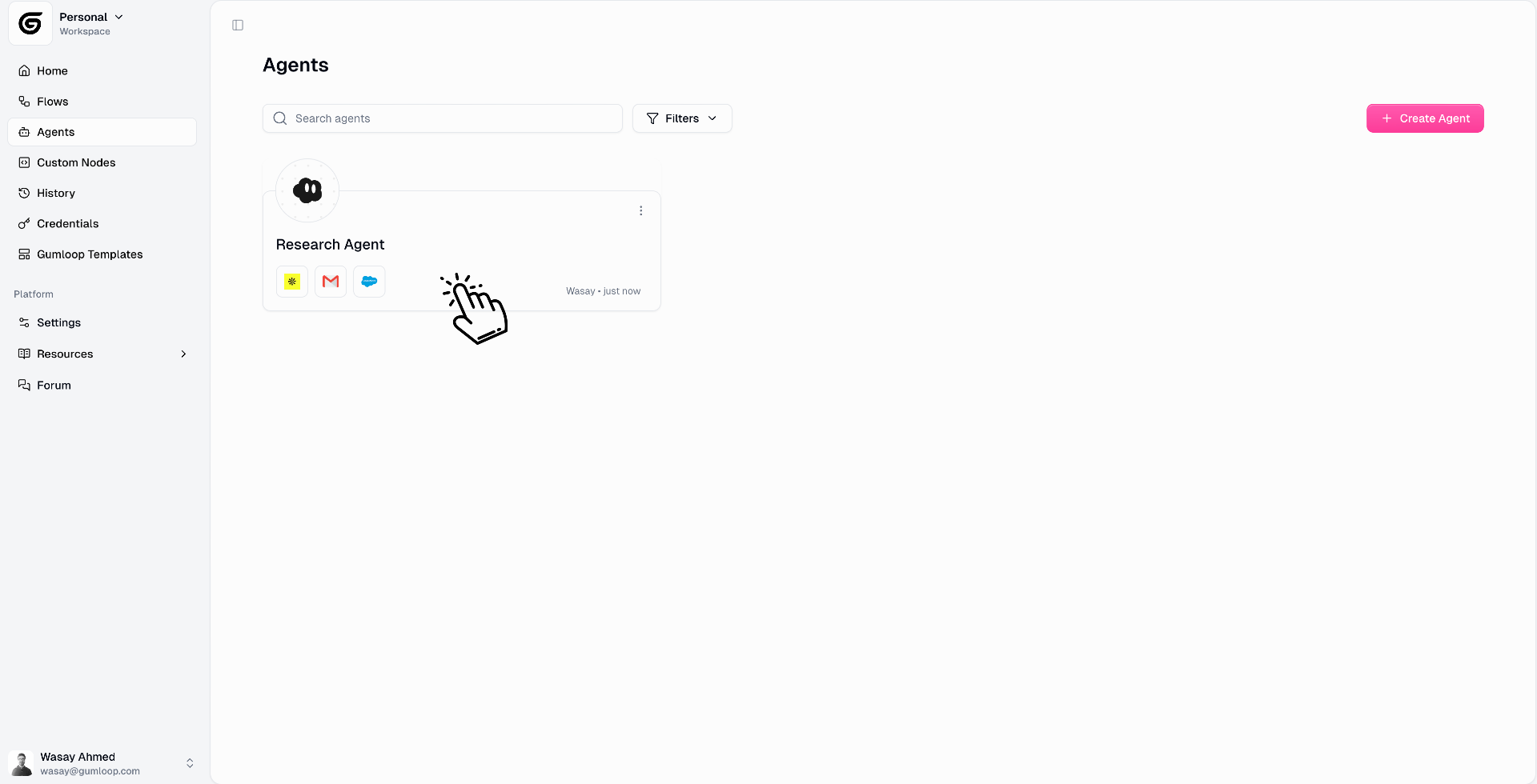 Gumloop Agents page showing list of agents