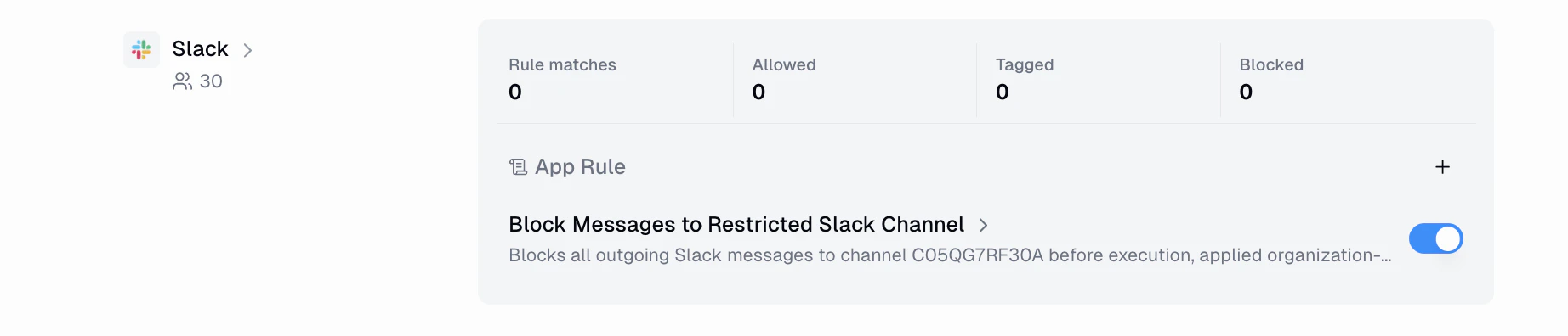 Rules by Server panel for Slack showing a rule named Block Messages to Restricted Slack Channel with a description and an enabled toggle
