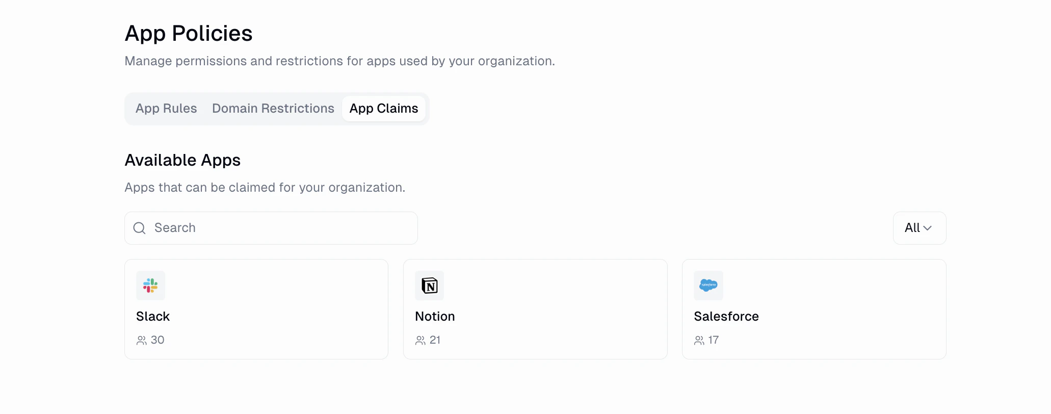 App Claims tab showing Available Apps with Slack, Notion, and Salesforce cards each displaying a connected user count