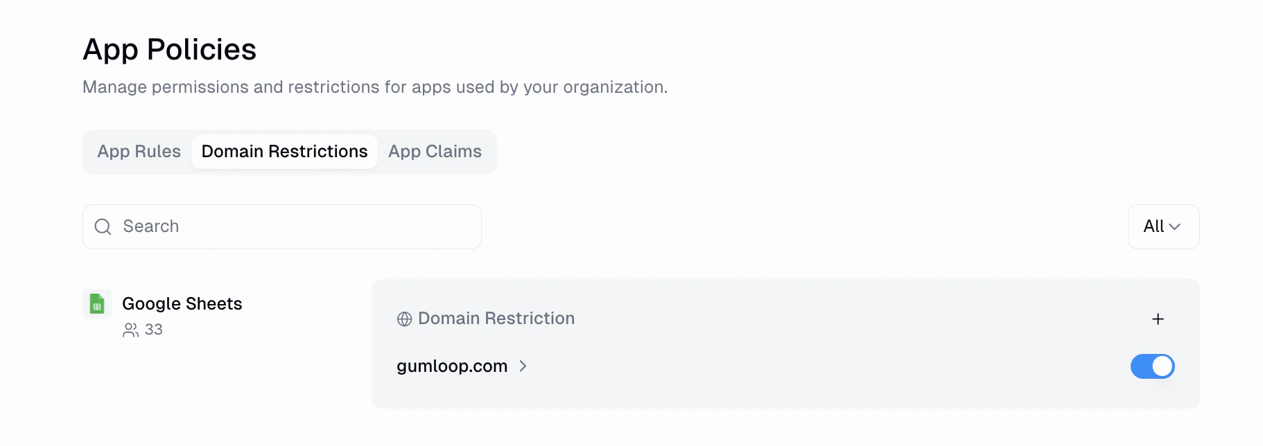 Domain Restrictions tab showing a Google Sheets domain restriction allowing gumloop.com with an enabled toggle