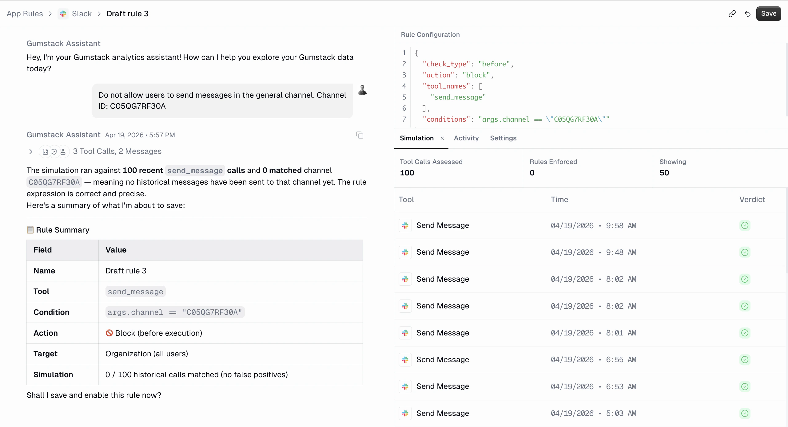 Rule builder: left side is a chat with the Gumstack Assistant describing the rule, right side shows the generated Rule Configuration JSON and a Simulation tab listing recent Send Message tool calls with verdicts