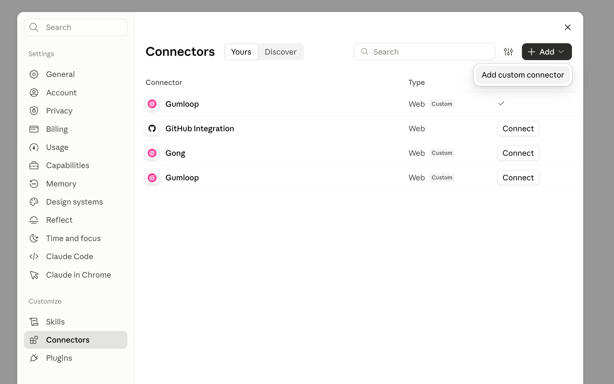 Claude Connectors settings page with the Add menu open, showing Add custom connector