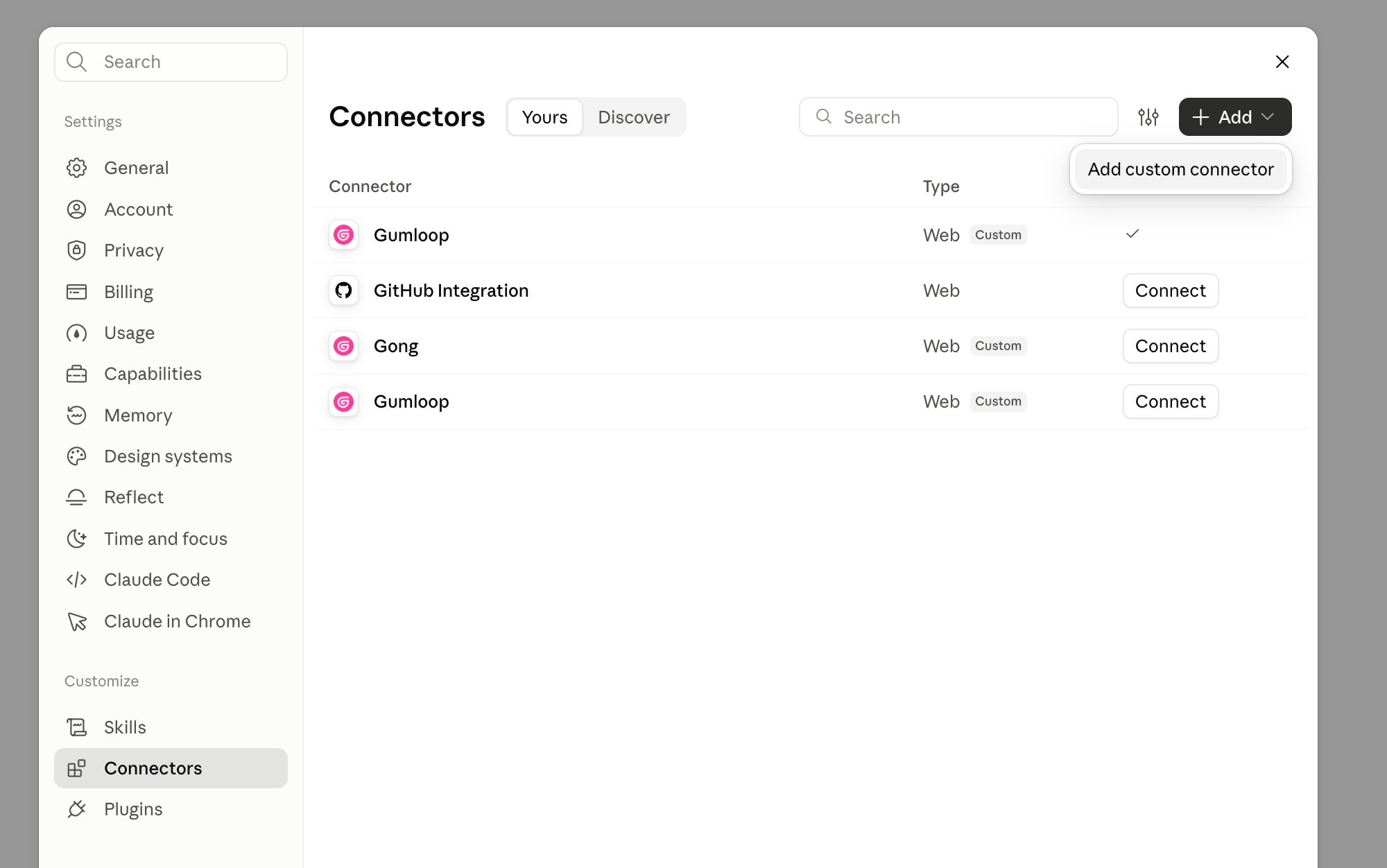 Claude Connectors settings page with the Add menu open, showing Add custom connector