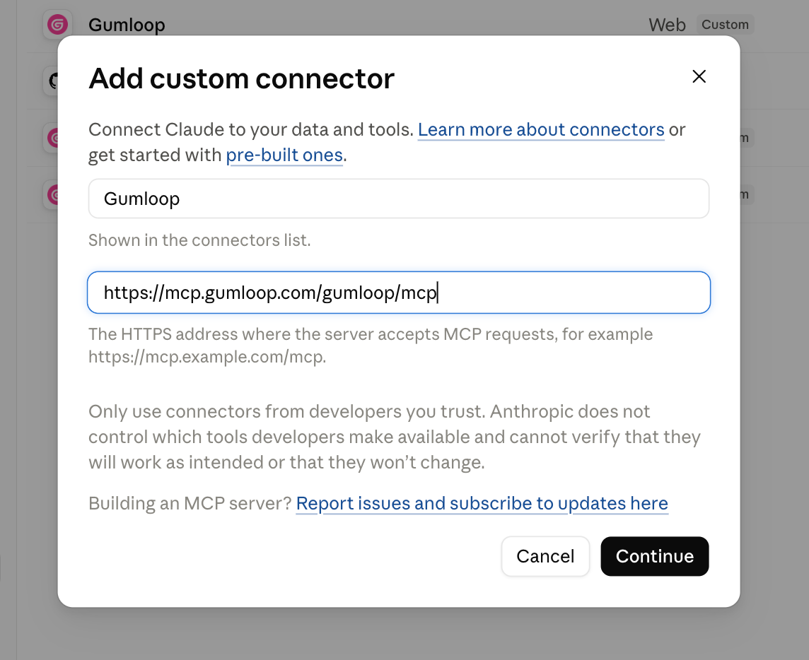 Add custom connector dialog with the name Gumloop and the URL https://mcp.gumloop.com/gumloop/mcp, and the Continue button