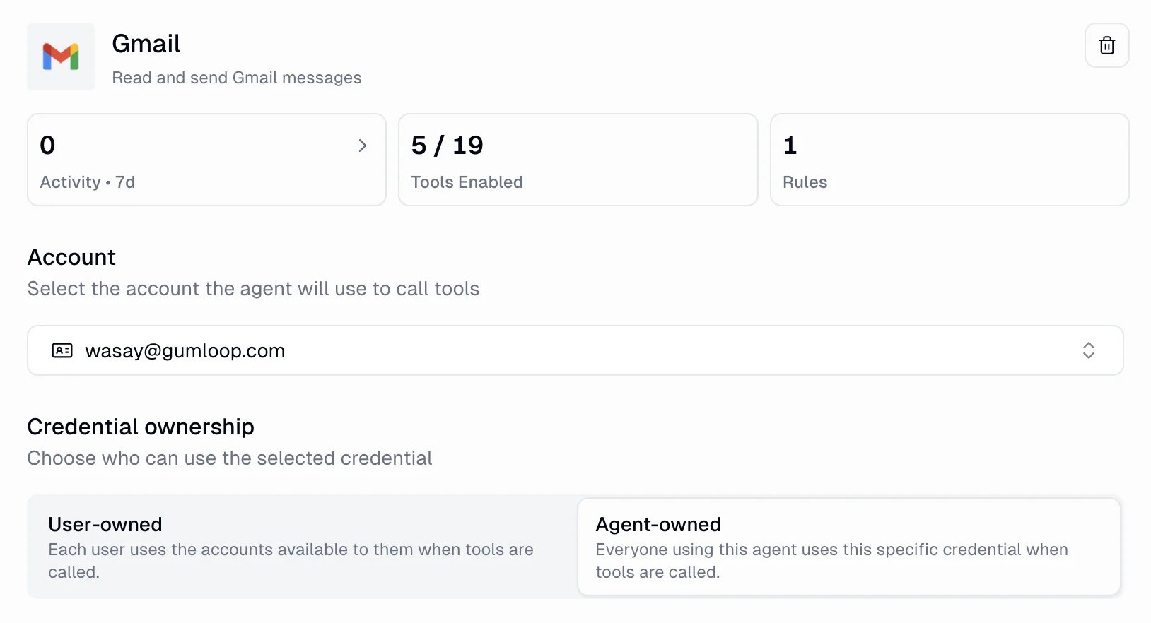 Credential ownership section in a Gmail connector detail view showing the User-owned and Agent-owned options