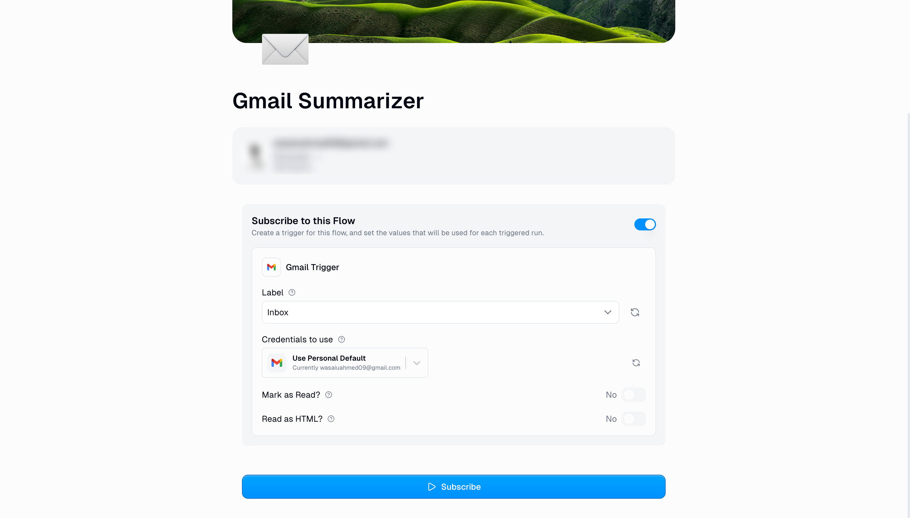 Subscribe to this Flow toggle on interface