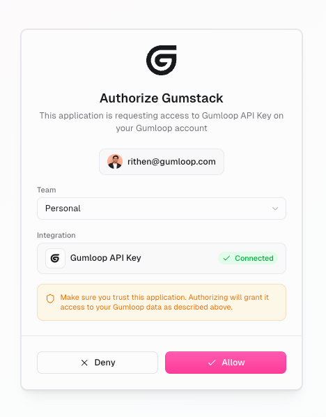 Gumloop authorize screen with the Team dropdown set to Personal
