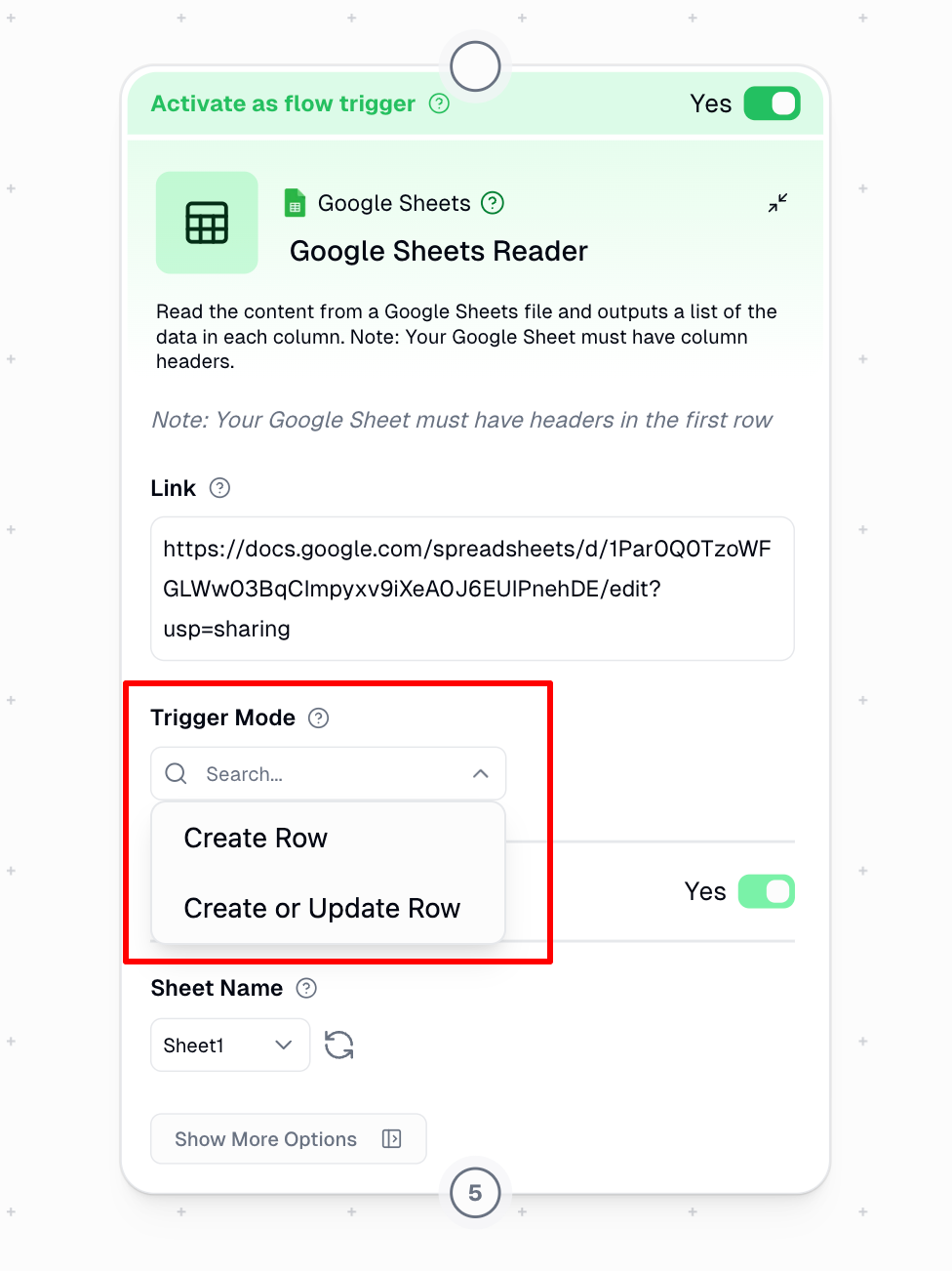 Google Sheets trigger mode options