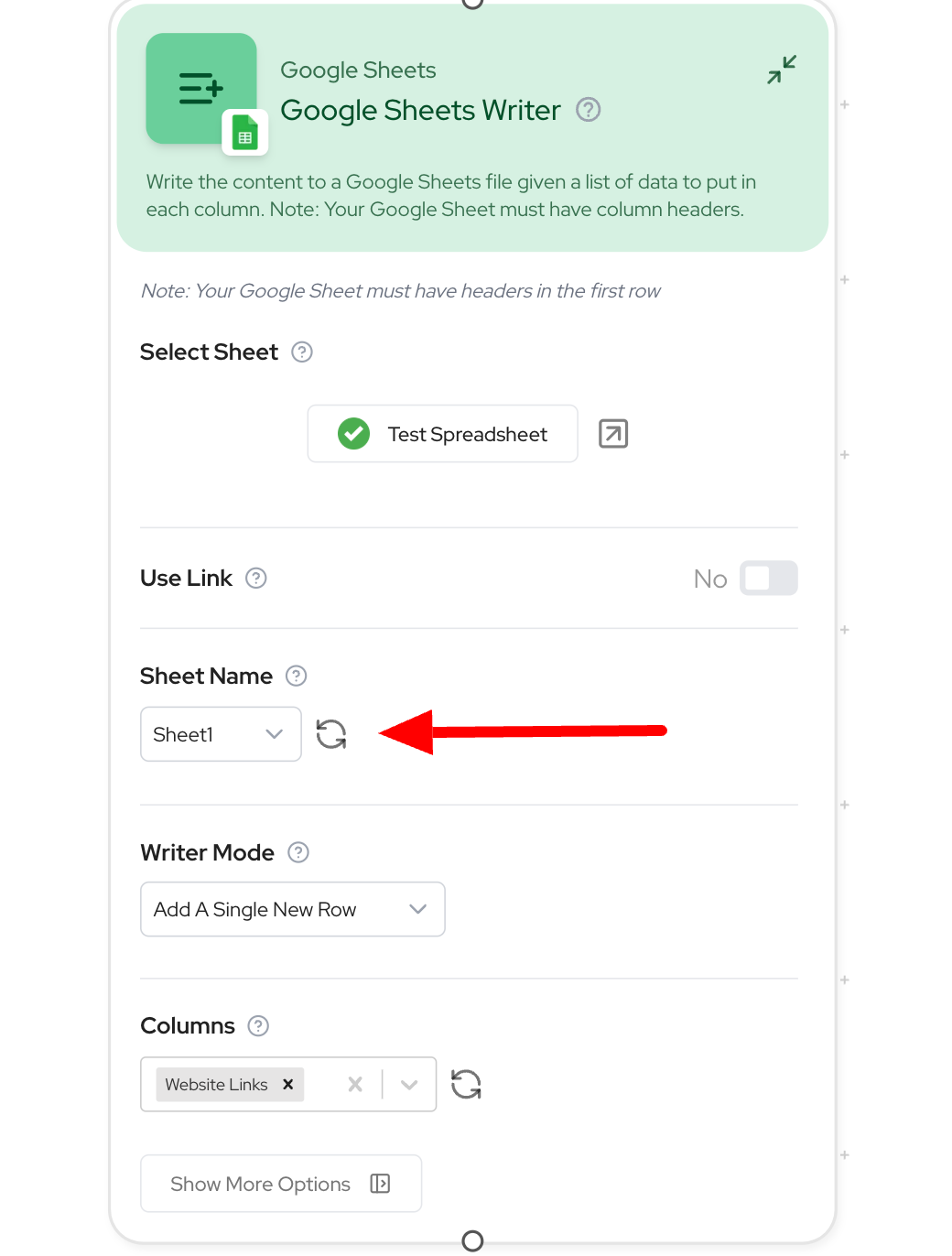 Google Sheet Writer refresh button