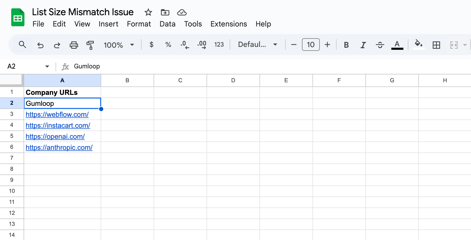 Input data showing invalid URL