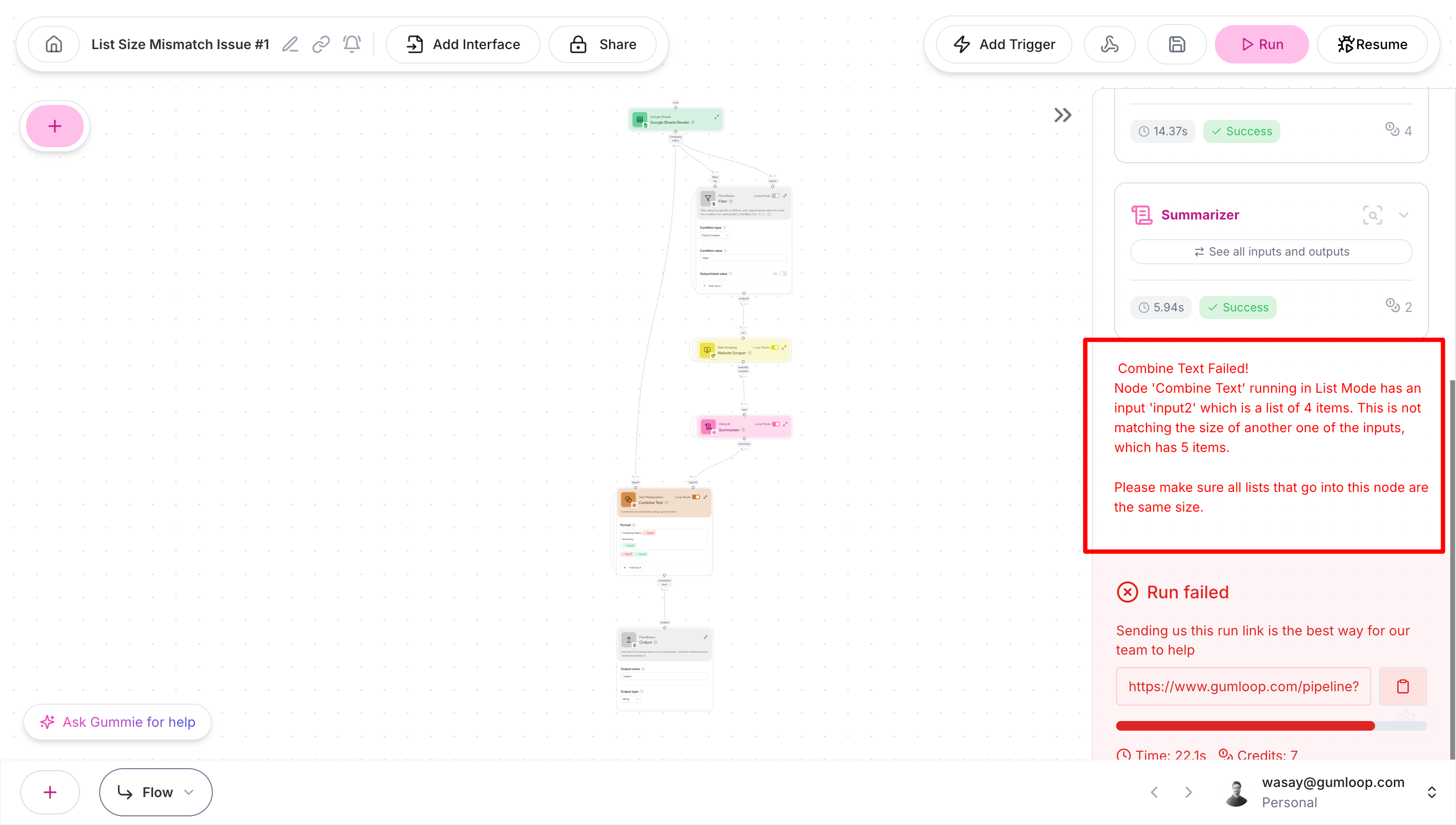 List size mismatch error