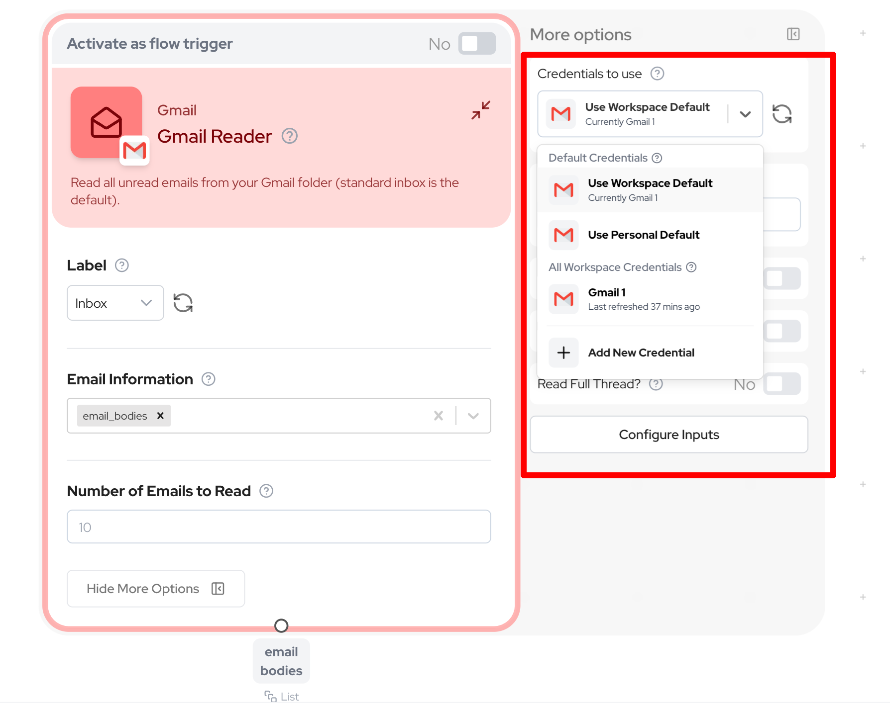 Credential selection in node settings