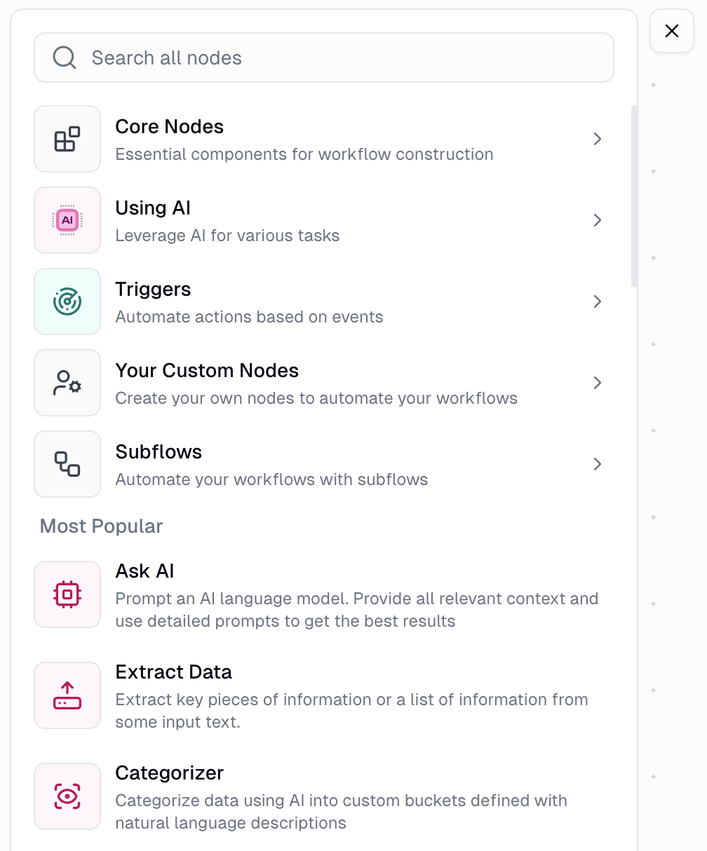 Node library menu showing various node categories