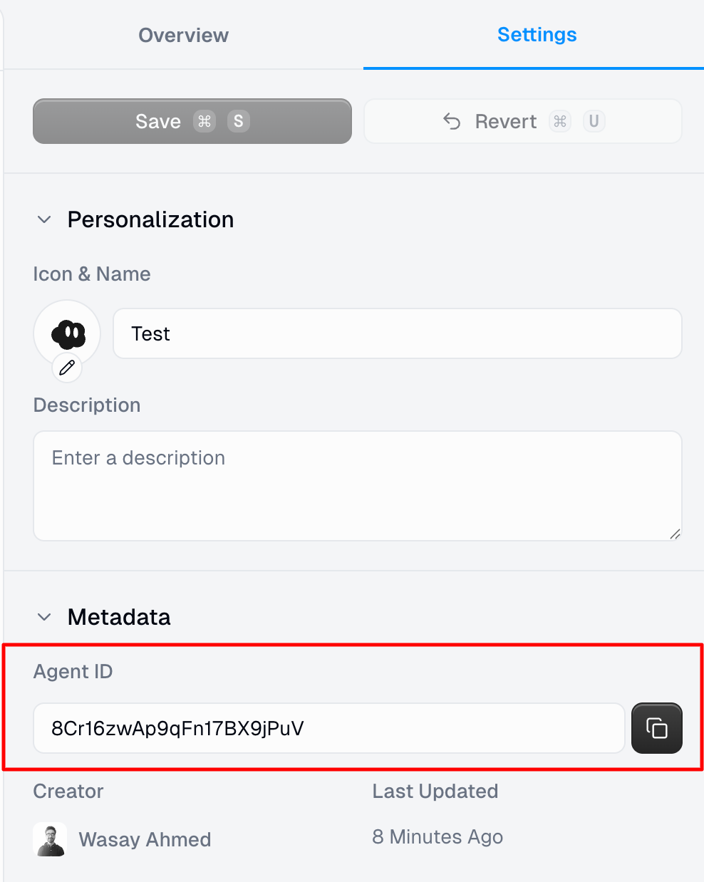 Copying agent ID from settings