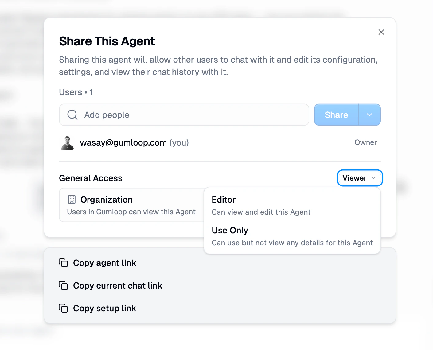 Agent share dialog showing General Access options with role selection
