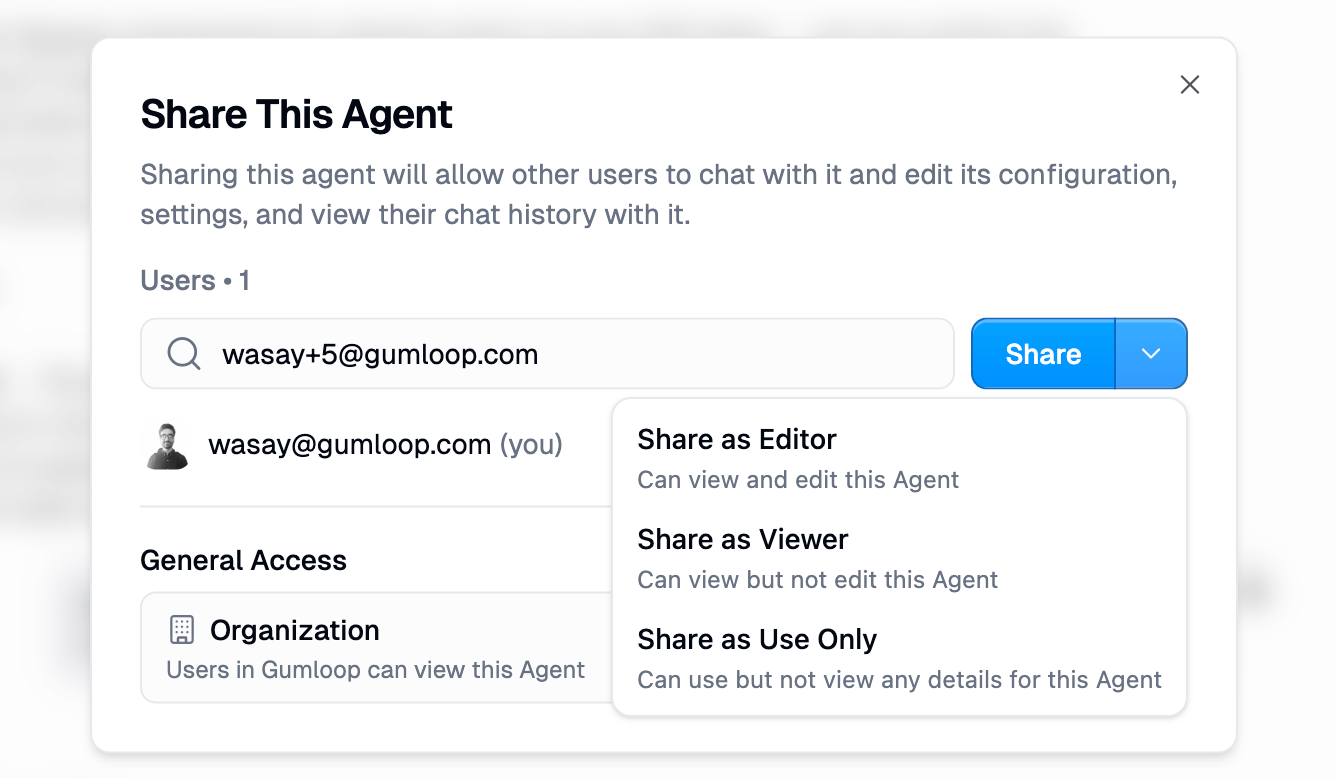 Agent share dialog showing role selection when sharing with a user