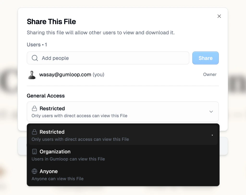 Artifact share dialog showing General Access options: Restricted, Organization, and Anyone