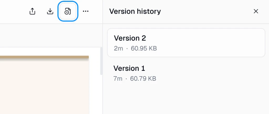 Version history panel showing Version 2 and Version 1 with timestamps and file sizes