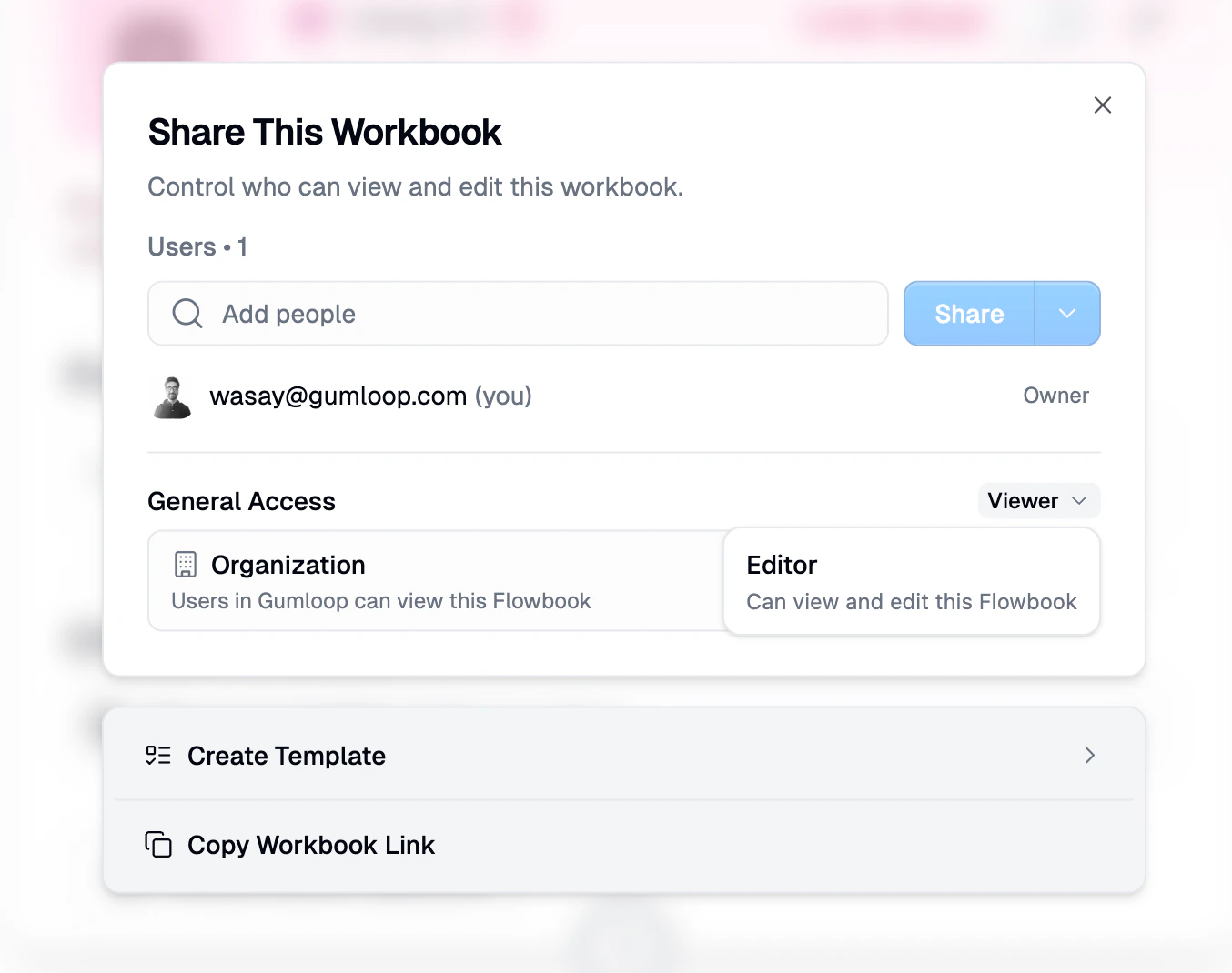 Workflow share dialog showing user sharing and General Access settings