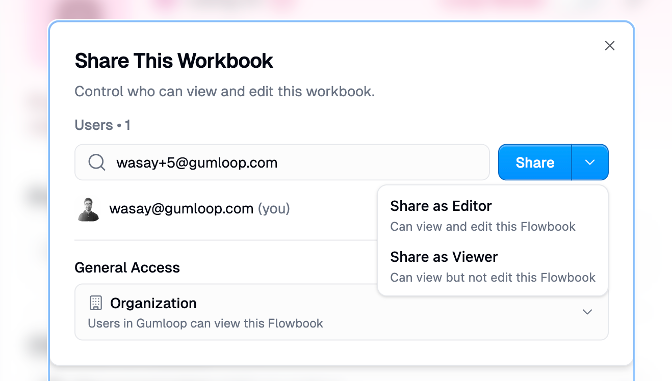 Workflow share dialog showing Editor and Viewer role options