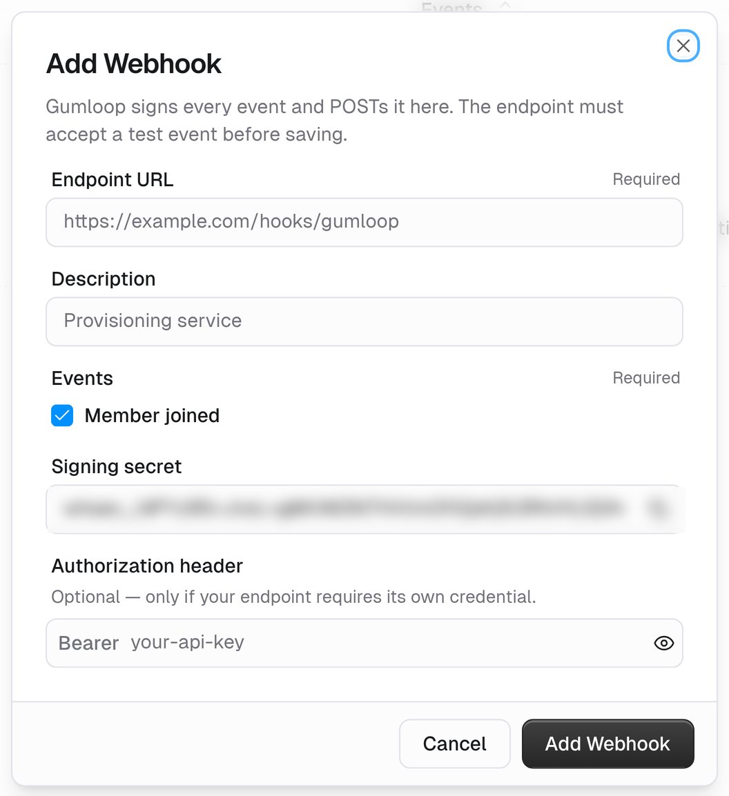 Add Webhook dialog with endpoint URL, description, events, signing secret, and authorization header fields