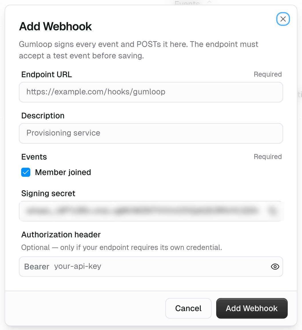 Add Webhook dialog with endpoint URL, description, events, signing secret, and authorization header fields